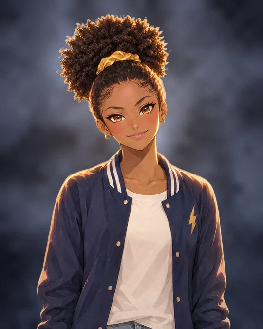 Maya Torres smiling in a navy varsity jacket